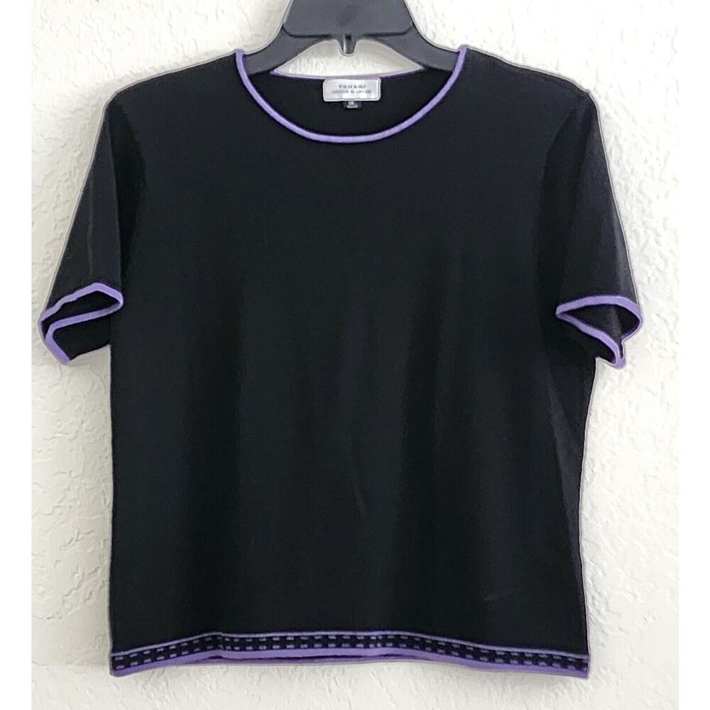 Top/Blouse-Tahari-Knit-Black-Purple Trim-Short Length-Short Sleeve-Size S/M